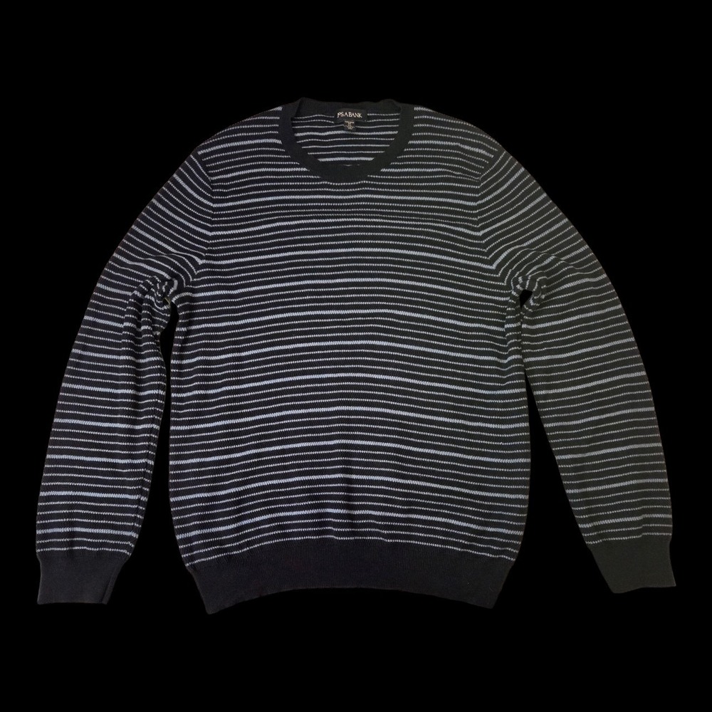 Jos A. Bank Mens Sweater Tailored Fit XL‎ Striped Blue Crew Neck   100% Cotton